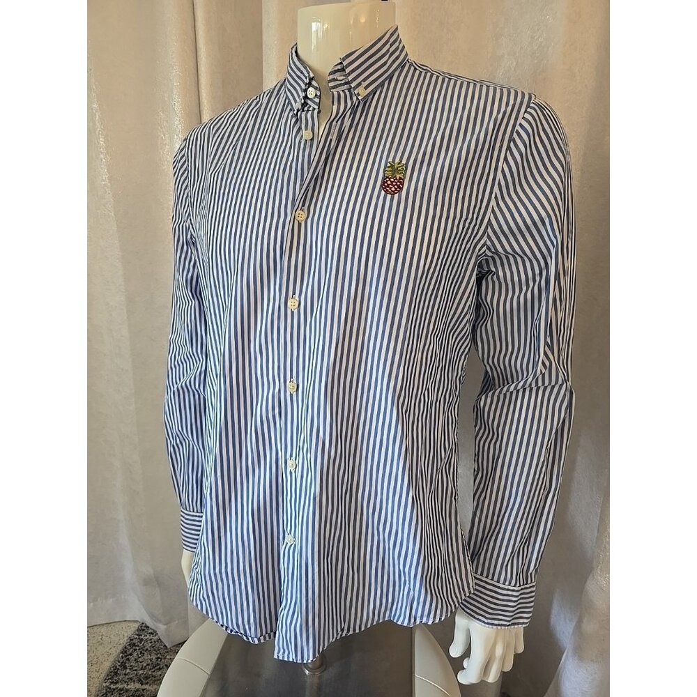 Zara Man Shirt Men Elbow Patches Button Dress Blue Slim Fit Pineapple Logo M L - Picture 1 of 8